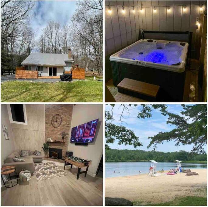 un collage di foto di una casa con vasca idromassaggio di Modern Home near Lake w HotTub, Game Room, Fireplace a Albrightsville