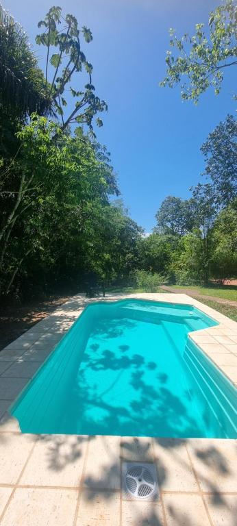 uma piscina azul com árvores ao fundo em OMA CHILL HOUSE IGUAZU em Porto Iguaçu