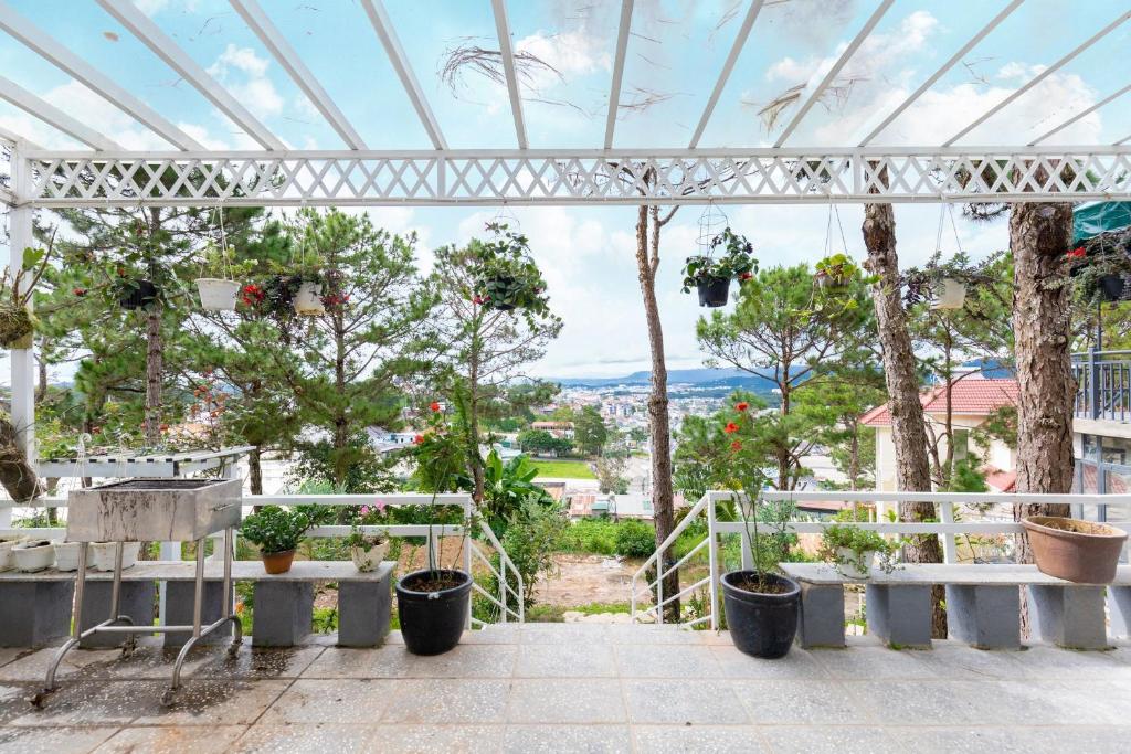 a greenhouse with tables and potted plants and trees at Villa Trung Nghĩa 31 in Da Lat