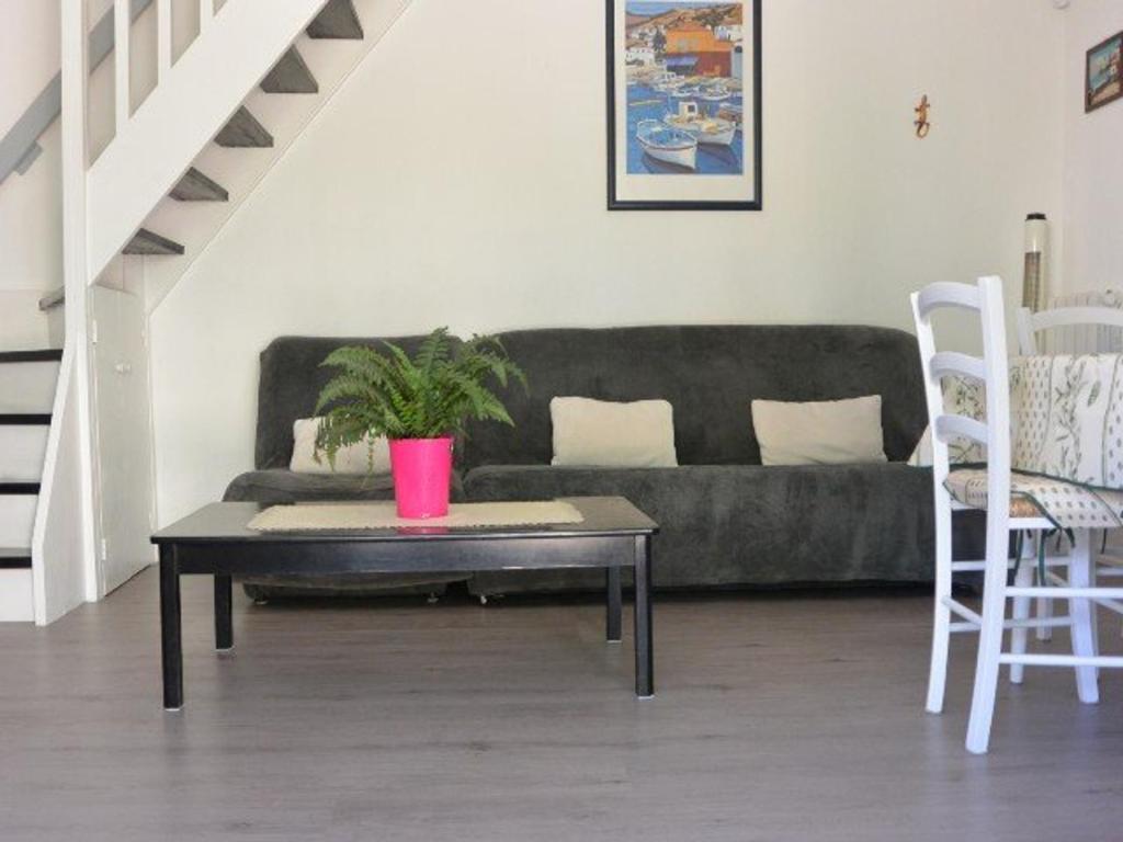 un salon avec un canapé et une table basse dans l'établissement Villa T3 avec piscine, proche plage et golf - Cap d'Agde - FR-1-607-49, au Cap d'Agde