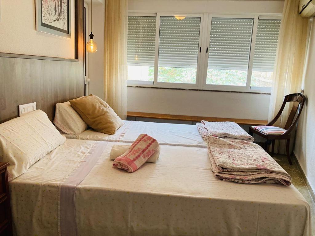 um quarto com uma cama com duas almofadas em HABITACIÓN con baño uso privado CENTRO Málaga. em Málaga