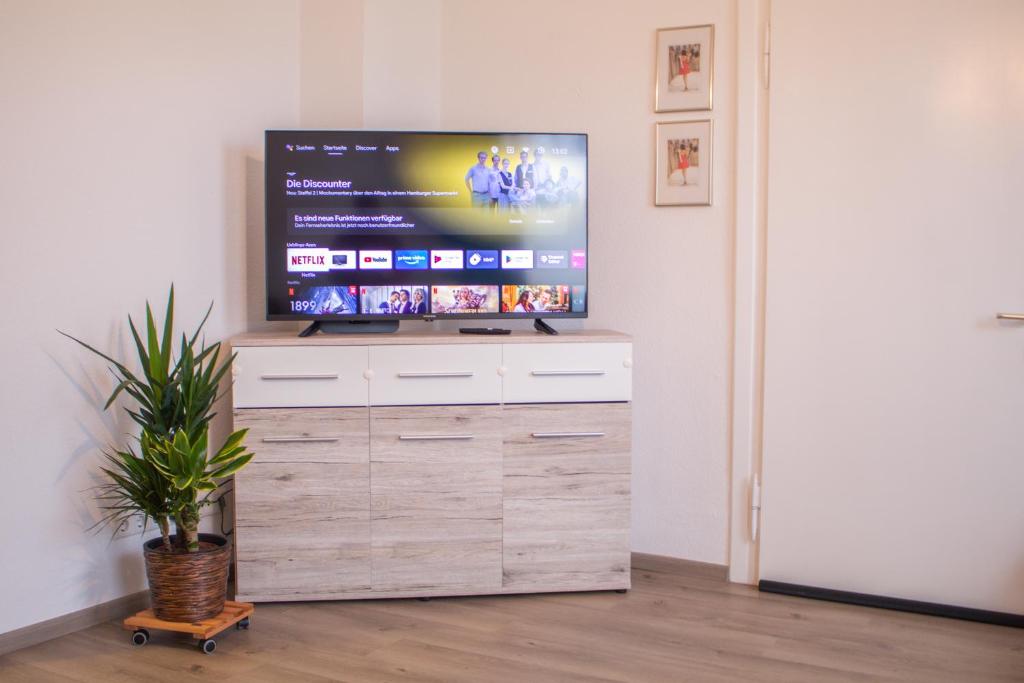 TV de pantalla plana en la parte superior de una cómoda de madera en Exklusives Apartment für 1 bis 3 Personen en Solingen