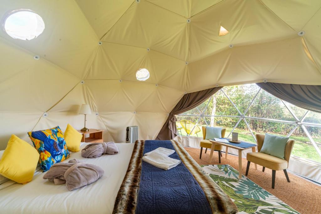 ein Schlafzimmer mit einem Bett in einem Zelt in der Unterkunft Le Nid du Tui in Faverolles