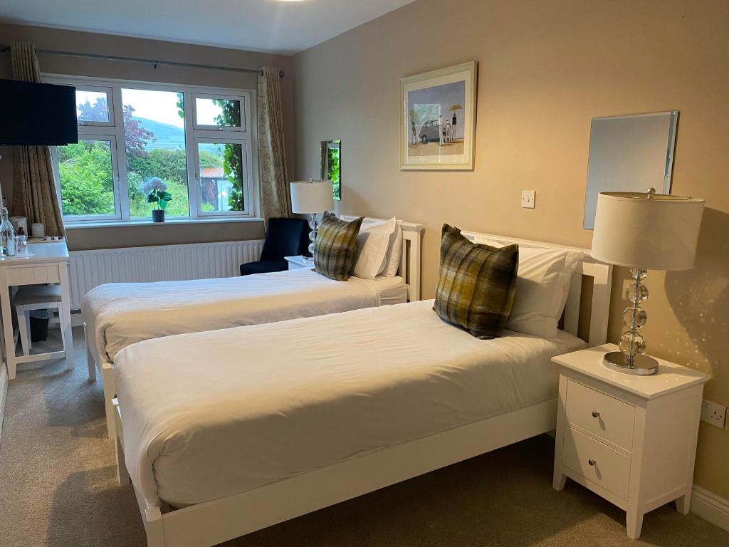 a hotel room with two beds and a window at The Lantern Townhouse in Dingle