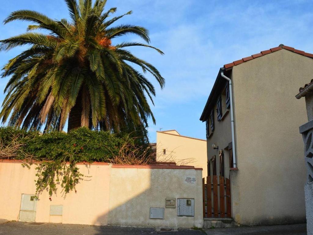un palmier devant un bâtiment avec une clôture dans l'établissement Charmante Villa à 1km de la Plage, 7 couchages, Garage, Jardin Privé, St-Cyprien - FR-1-225D-421, à Saint Cyprien Plage