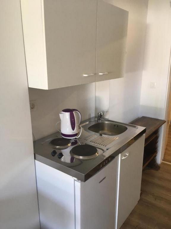 a kitchen with a sink and a tea kettle on a stove at Guesthouse Family Bosnic in Plitvička Jezera