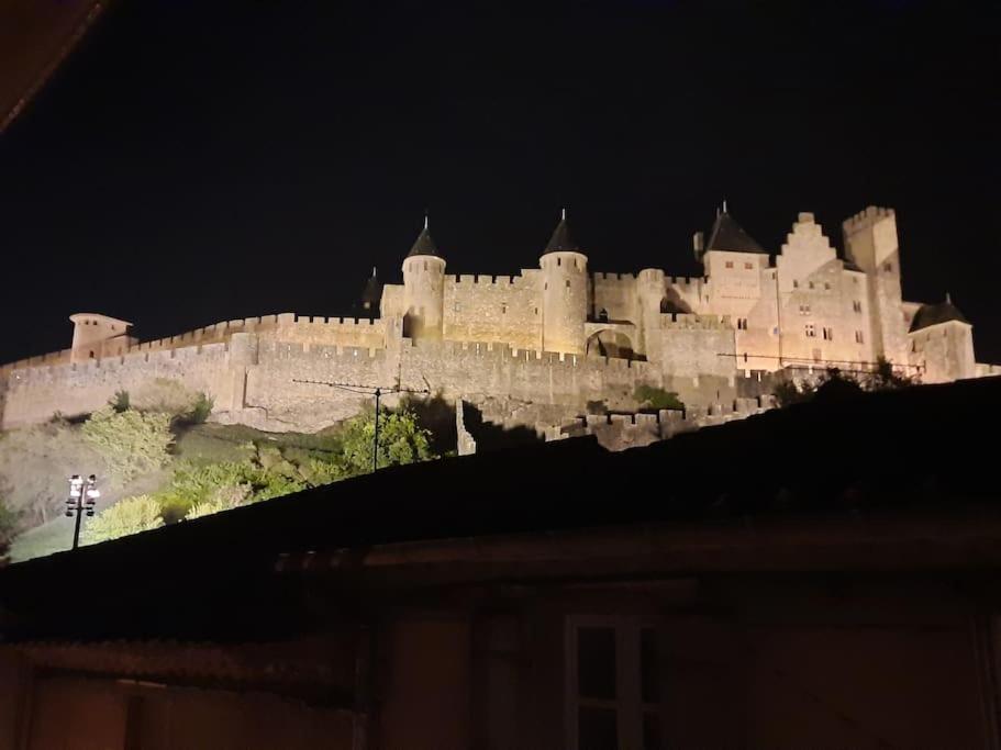 ein großes Schloss auf einem Hügel in der Nacht in der Unterkunft A 200 mètres du château : maison de ville in Carcassonne