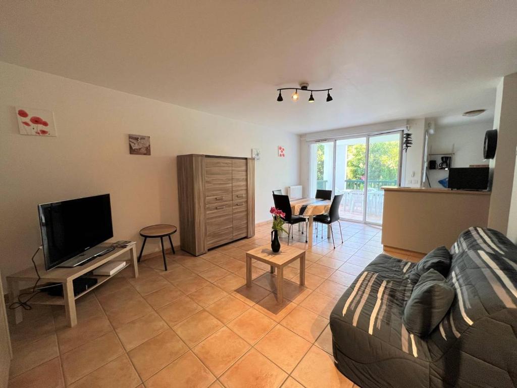 a living room with a couch and a tv at Appartement Cambo-les-Bains, 2 pièces, 2 personnes - FR-1-495-57 in Cambo-les-Bains