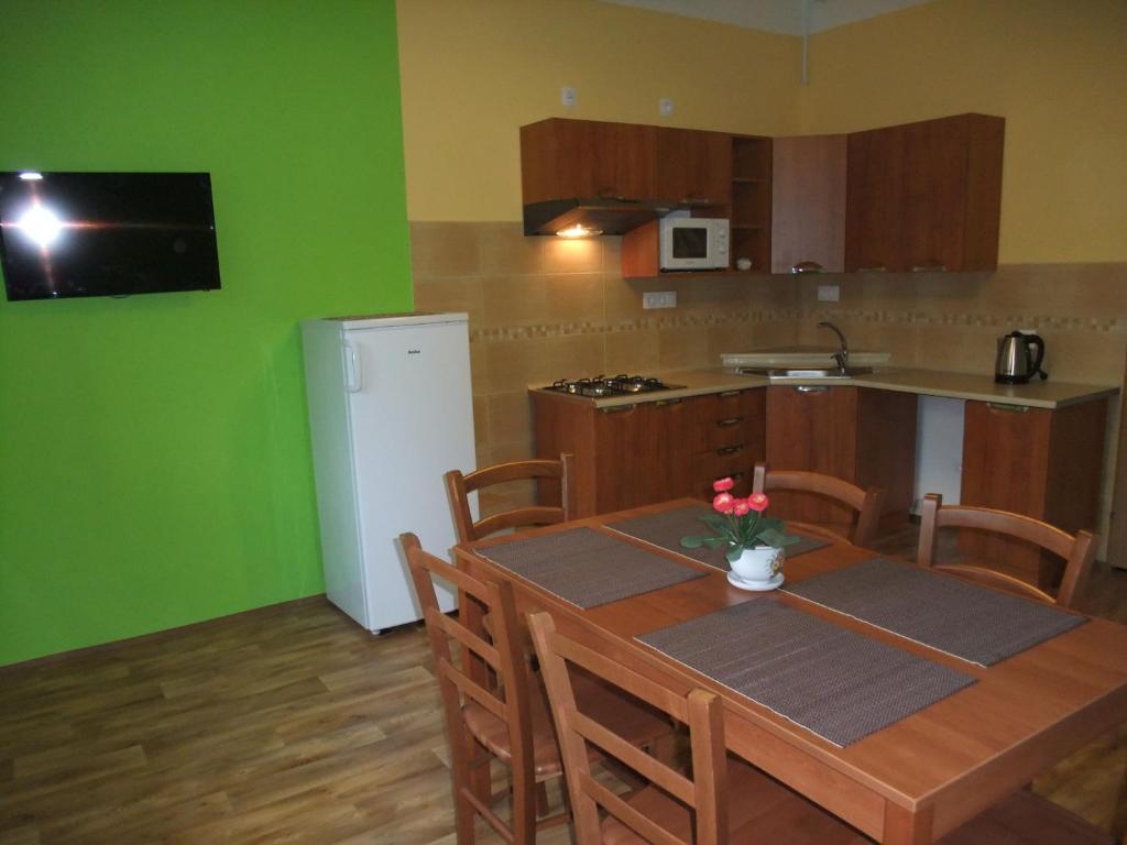 a kitchen with a table and a kitchen with green walls at Apartment U Pošty in Lipova Lazne