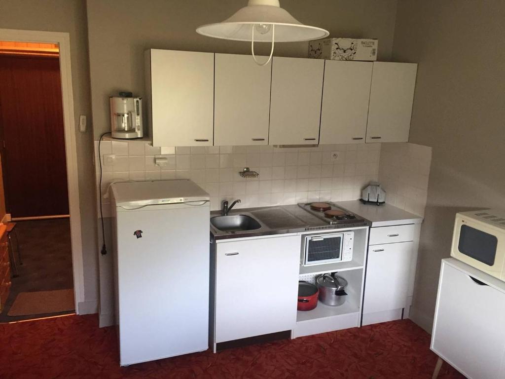 une petite cuisine avec des armoires blanches et un évier dans l'établissement Appartement cosy à la Pierre St Martin - 4 pers, au pied des pistes, parking gratuit - FR-1-602-90, à Arette