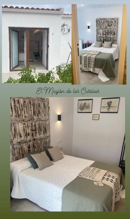 two pictures of a bedroom with two beds at Alojamiento El Miajon de los Castúos in Valdesalor