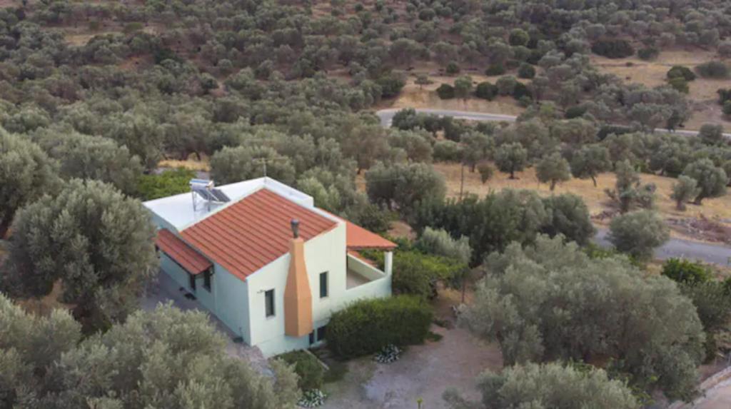 an aerial view of a house with a red roof at Villa Christina Anidri in Ánidhroi