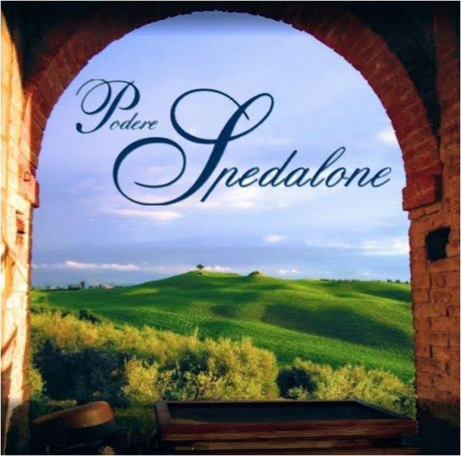 a window with a view of a green field at Podere Spedalone in Pienza