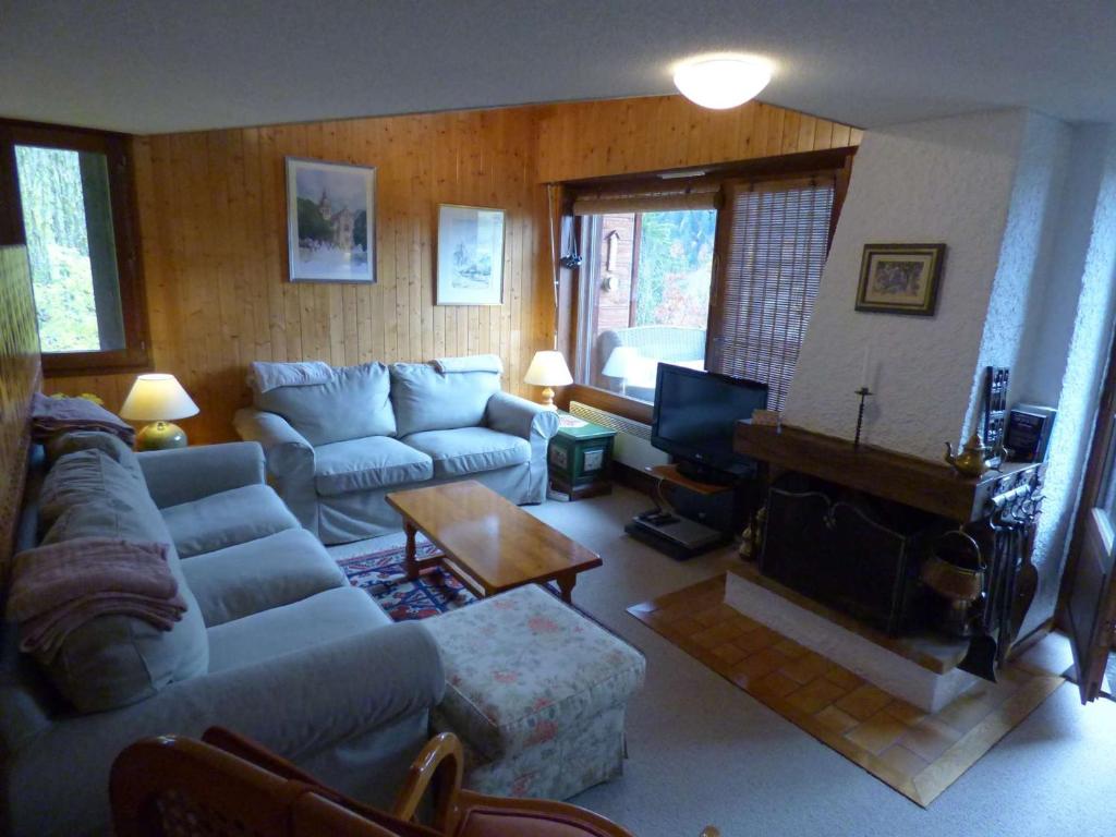 een woonkamer met een bank en een open haard bij Appartement Le Grand-Bornand, 4 pièces, 8 personnes - FR-1-458-151 in Le Grand-Bornand