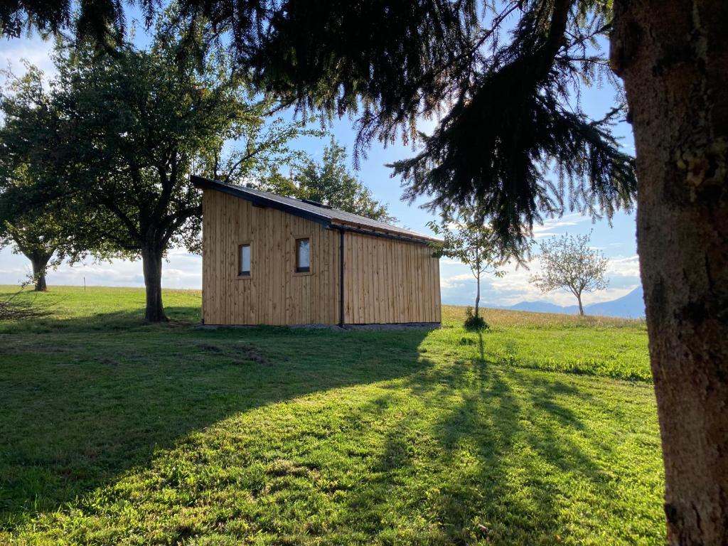 um pequeno edifício de madeira num campo com árvores em Tiny house em Mislinja