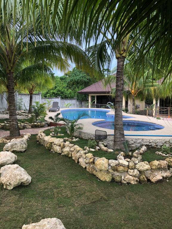 a swimming pool with palm trees and rocks around it at Tyner's Place in Panglao