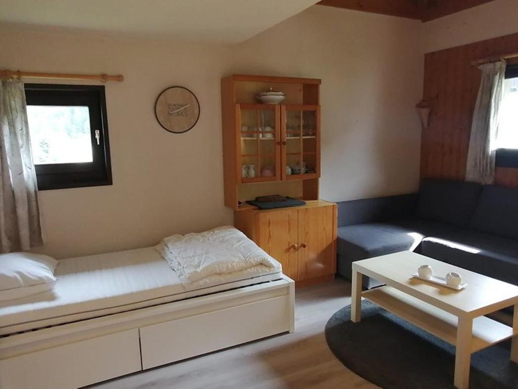 um pequeno quarto com uma cama e um sofá em Appartement Saint-Jean-d'Aulps, 1 pièce, 6 personnes - FR-1-573-26 em Saint-Jean-dʼAulps