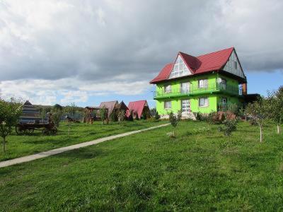 une maison verte avec un toit rouge dans un champ dans l'établissement La Capra Vecinului, à Oglinzi