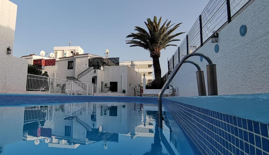 a swimming pool with a palm tree and white buildings at Apartamento Playa Las Americas in Playa de las Americas