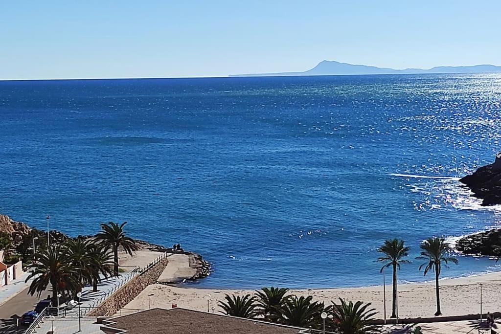 a beach with palm trees and the ocean at Precioso apartamento en el Faro de Cullera in Faro de Cullera