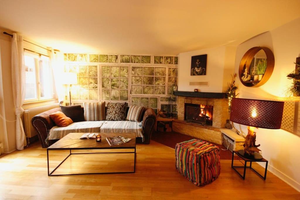 uma sala de estar com um sofá e uma lareira em Gîte Aux Quatre Vents avec Terrasse em Rouffach