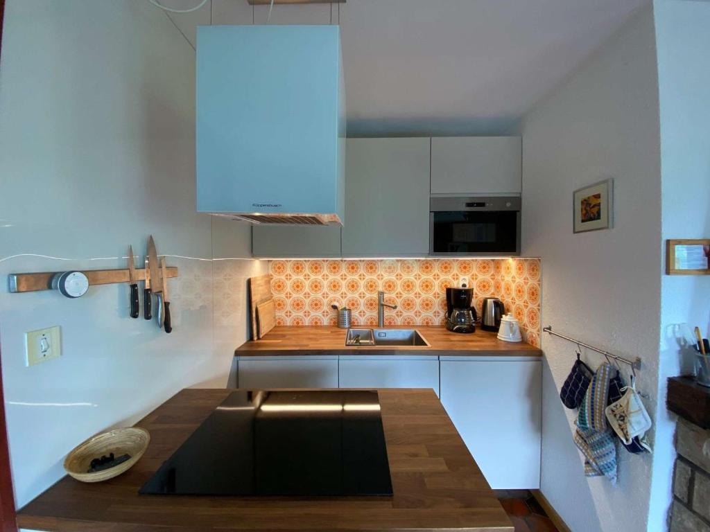 uma pequena cozinha com um lavatório e um balcão em Appartement Le Grand-Bornand, 2 pièces, 5 personnes - FR-1-241-142 em Le Grand-Bornand