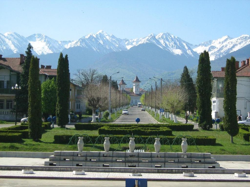 una fila di panchine in una città con montagne innevate di CASA VICTORIA a Victoria