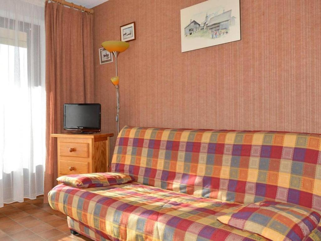 a living room with a couch and a tv at Appartement Le Grand-Bornand, 1 pièce, 4 personnes - FR-1-241-96 in Le Grand-Bornand