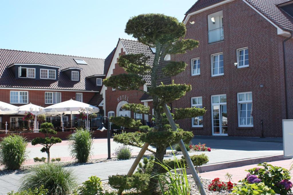 a pine tree in front of a building at Hotel Neuwarft Altbau in Dagebüll