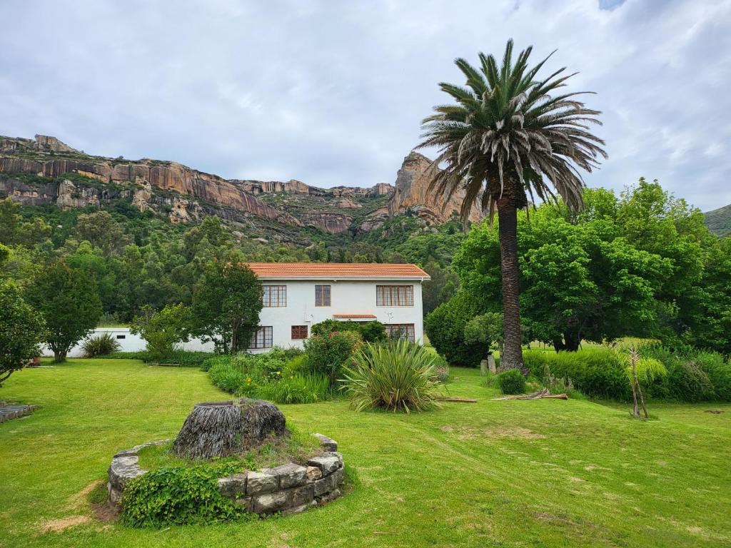 una casa en un campo con una palmera y montañas en Malutizicht Lodge en Brandwater