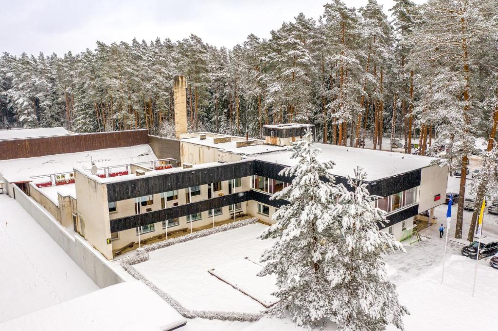 a building in the snow with a christmas tree at Tartumaa Tervisespordikeskus in Uderna