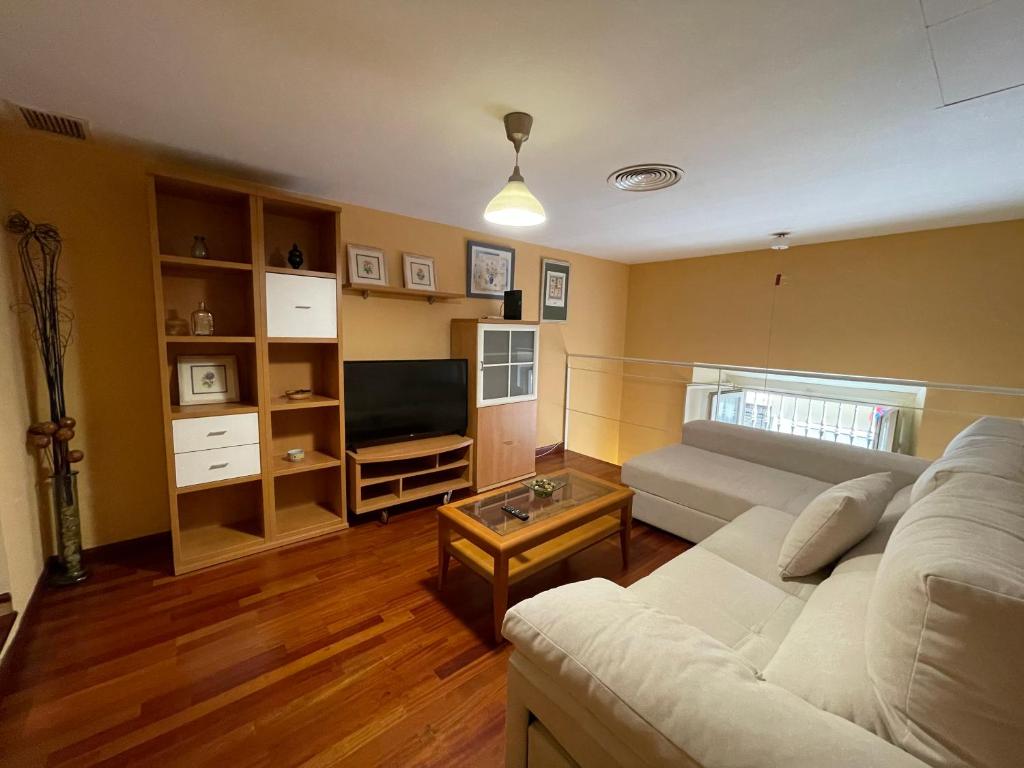 a living room with a white couch and a television at DreamsApt Plaza Nueva II in Seville