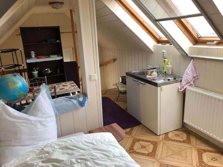 um quarto com um lavatório e um balcão numa casa em Cozy Ferienapartment in Golßen nahe Tropical Island em Golßen