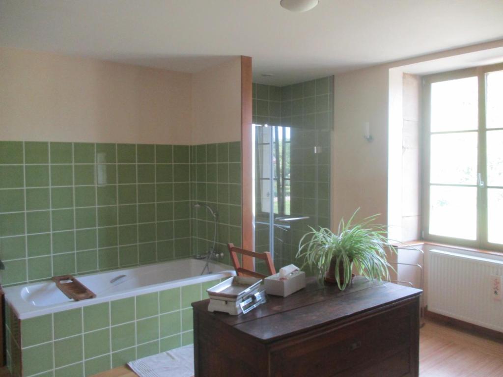 a bathroom with a tub and green tiles at Appartement La petite Résie in La Résie-Saint-Martin