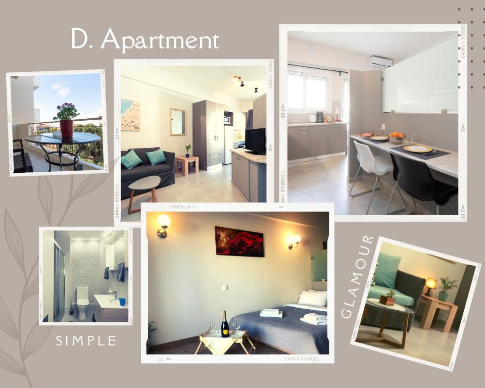 a collage of photos of a living room and a kitchen at D. Apartments in Kalamata