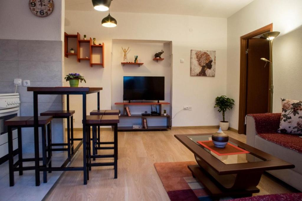 een woonkamer met een bank, een tafel en een tv bij Peaceful City Center in Podgorica
