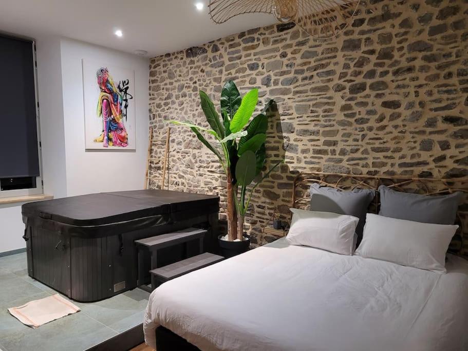 a bedroom with a large bed and a piano at Profitez d'une douce nuit avec jacuzzi in Fougères