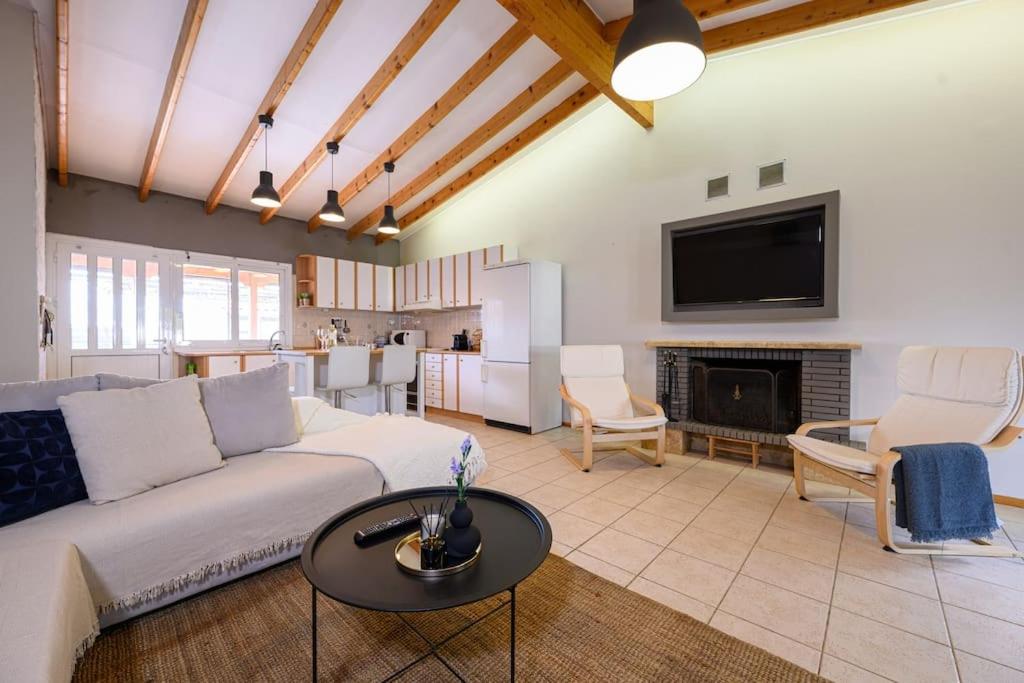 a living room with a white couch and a fireplace at FarmBill in Markopoulo