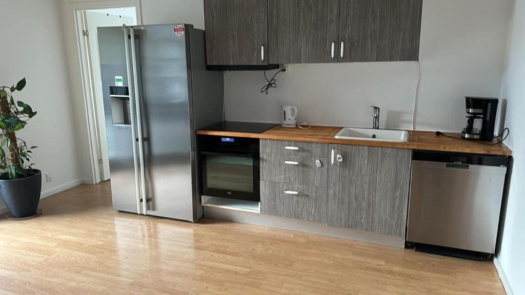 eine Küche mit einem Kühlschrank aus Edelstahl und einer Spüle in der Unterkunft 2 bedroom apartment near the sea in Tisvildeleje