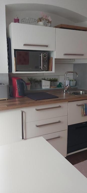 a kitchen with a sink and a microwave at Apartment EMA in Ljubljana