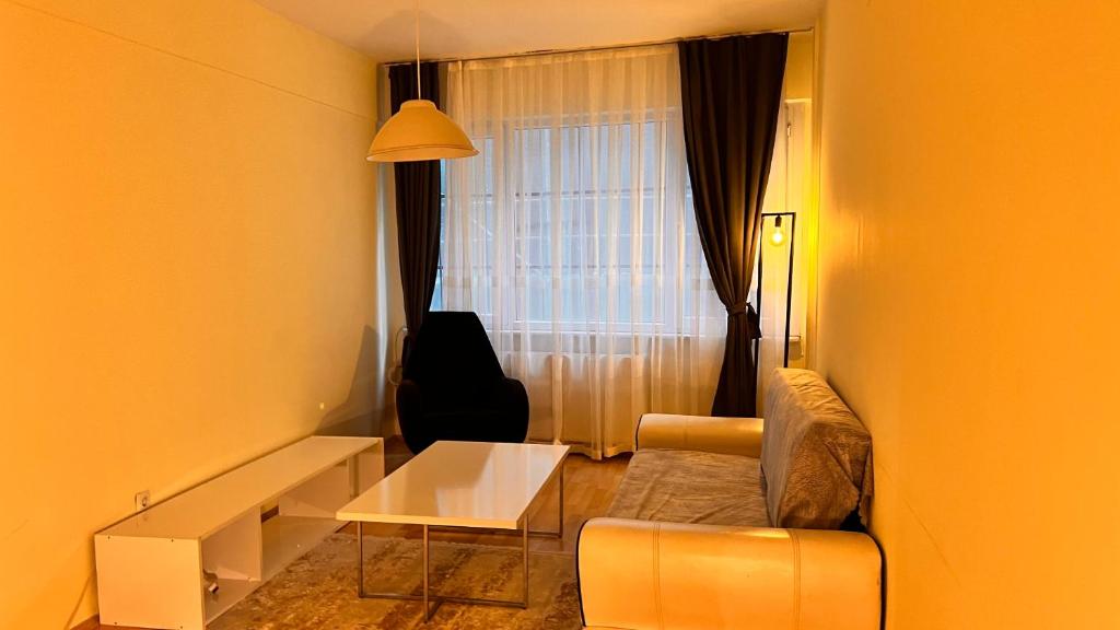 a living room with a couch and a table and a window at Akaretler spacious family suitable 6 person flat in Istanbul