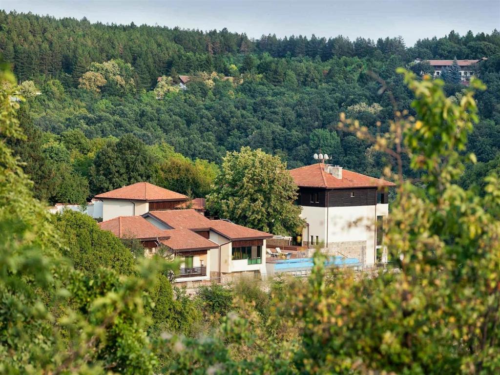 a house with a pool in front of a mountain at Hotel Villa Kaylaka in Pleven