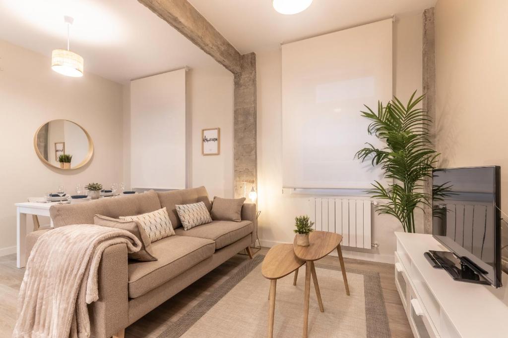 ein Wohnzimmer mit einem Sofa und einem Tisch in der Unterkunft Recién reformado junto a metro San Mamés in Bilbao