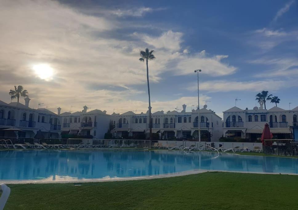 einen großen Pool mit Häusern und Palmen in der Unterkunft Apartamento situado en Maspalomas in Las Palmas de Gran Canaria