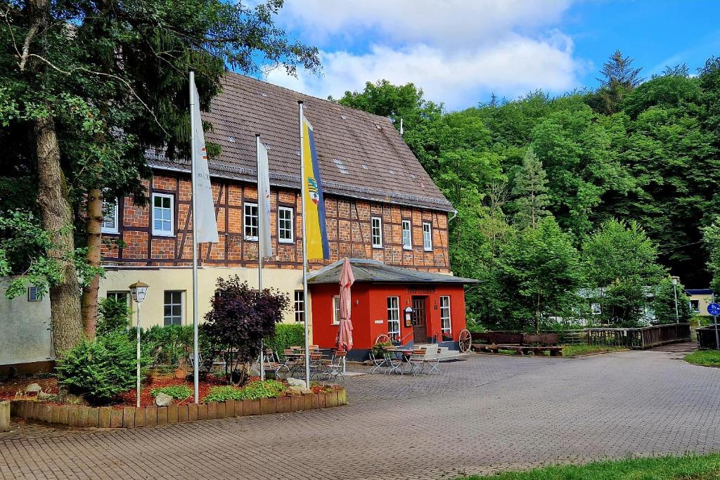 un bâtiment avec drapeaux devant lui dans l'établissement Falk & Frei Selketal Resort, à Meisdorf