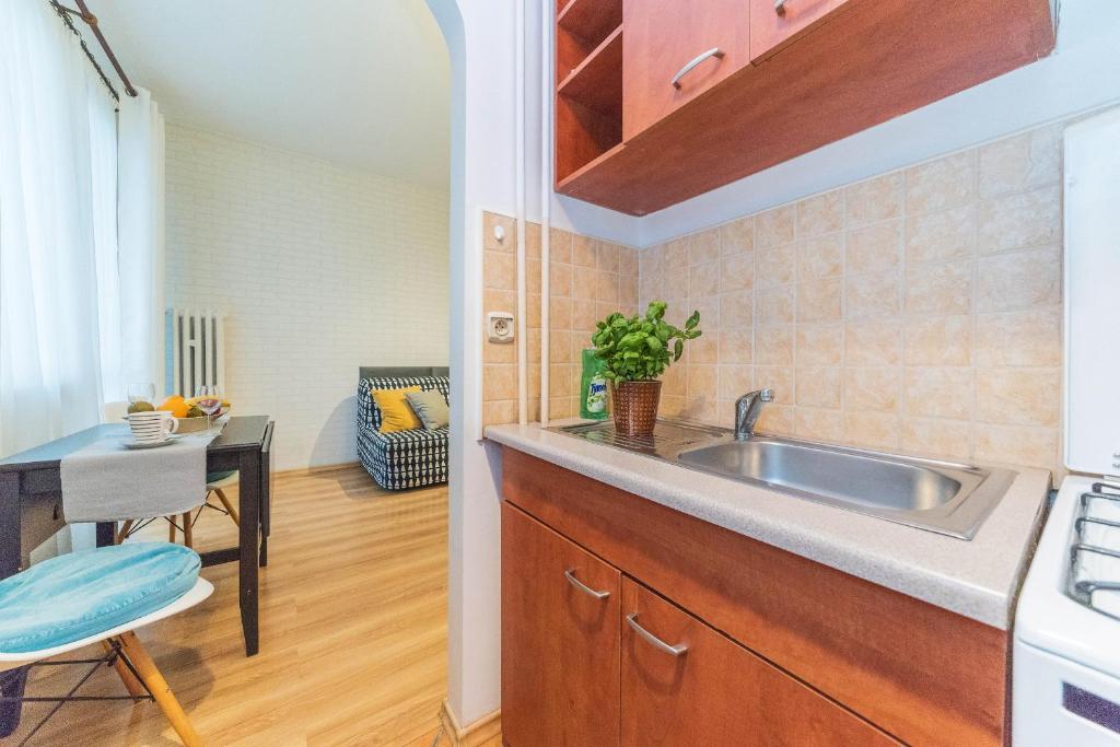 Kuchyňa alebo kuchynka v ubytovaní Apartamenty Przytulne z balkonem, 150m od dworca Gdańsk Główny