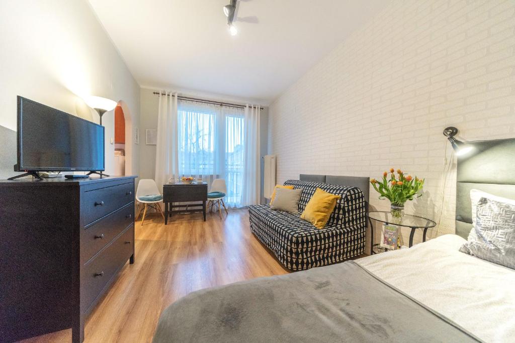 Televízia a/alebo spoločenská miestnosť v ubytovaní Apartamenty Przytulne z balkonem, 150m od dworca Gdańsk Główny