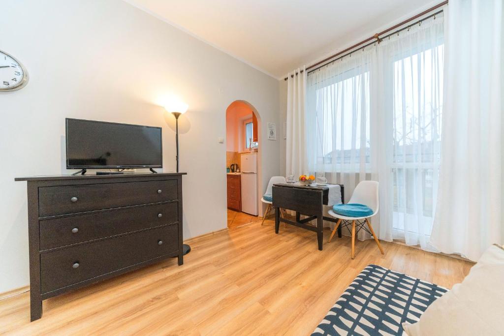 Televízia a/alebo spoločenská miestnosť v ubytovaní Apartamenty Przytulne z balkonem, 150m od dworca Gdańsk Główny