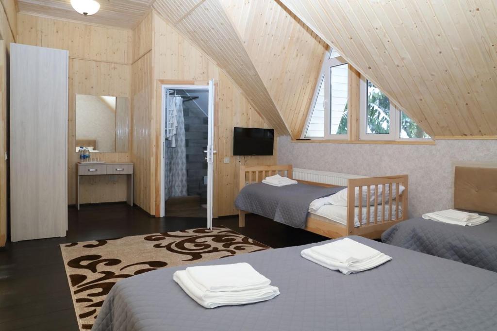 um quarto com 2 camas e uma televisão num sótão em Lastivka Guest House em Yablunytsya