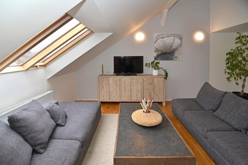 a living room with a couch and a tv at Historic Centre Apartments I in Prague